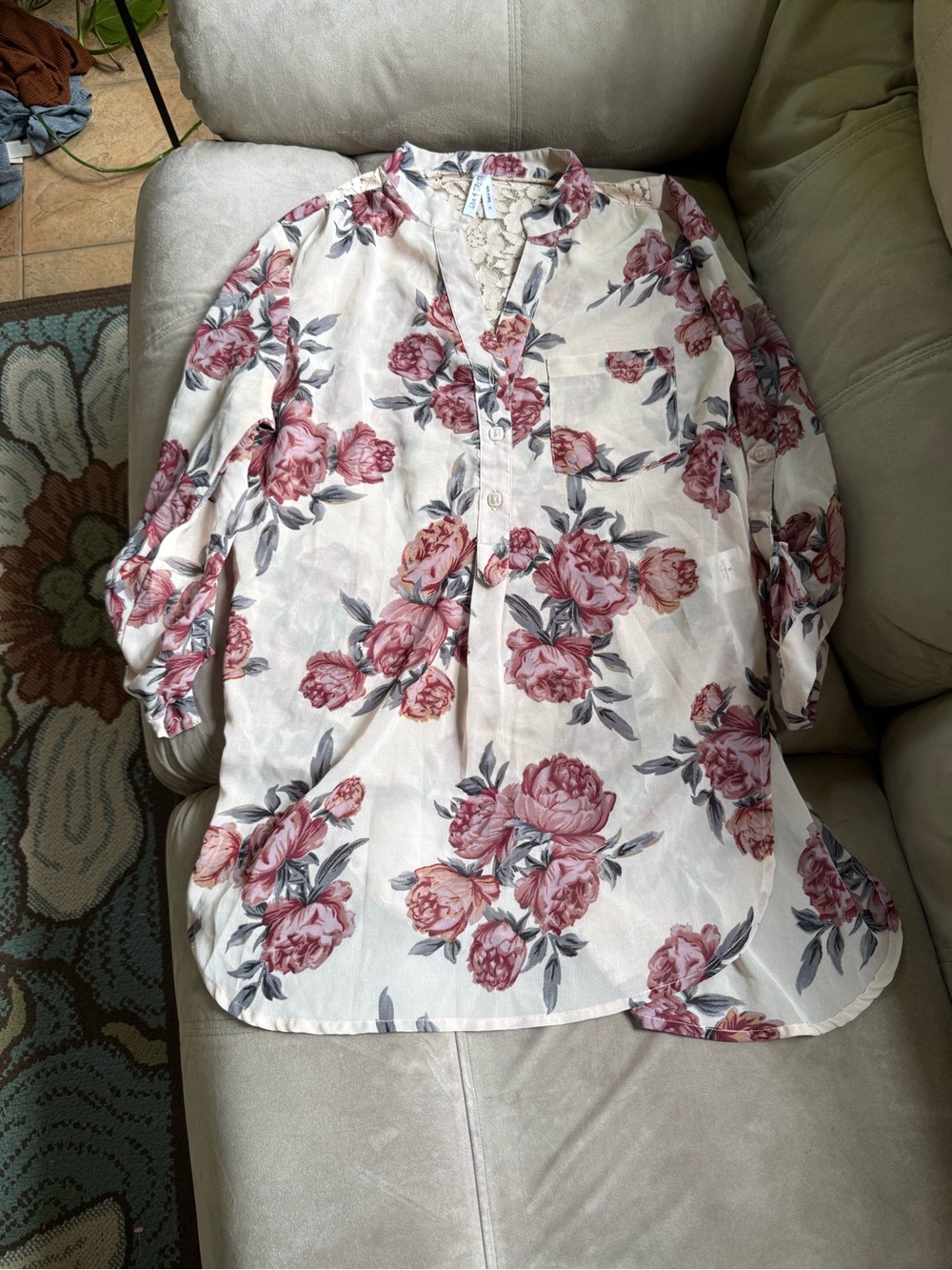 Live 4 Truth Sheer Cream Tunic with Pink Rose Print and Lace